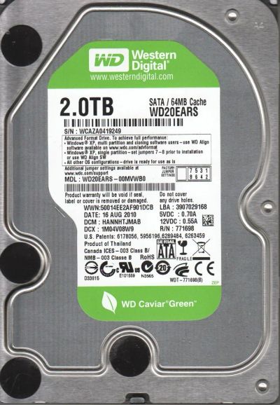 Лот: 7594140. Фото: 1. WD 2Tb все отлично WD20EARS-00MVWB0... Жёсткие диски (HDD)
