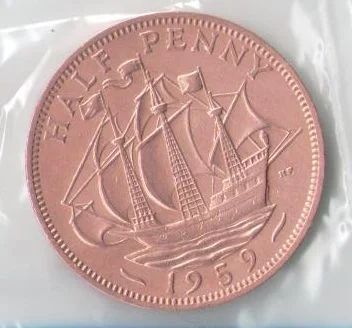 Лот: 9879464. Фото: 1. монета полпенни 1959 года, Великобритания... Великобритания и острова