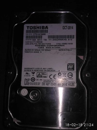 Лот: 11058935. Фото: 1. Жесткий диск Toshiba 500GB. Жёсткие диски (HDD)