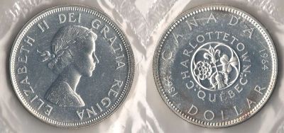 Лот: 6952686. Фото: 1. 1 доллар 1964 года. Серебро. Канада... Америка