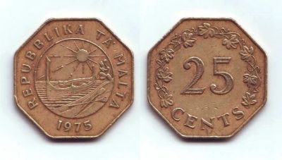 Лот: 19834046. Фото: 1. Монета - Мальта 25 центов (1975... Европа