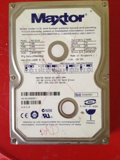 Лот: 7543660. Фото: 1. с рубля HDD Maxtor 120 ГБ неисправен. Жёсткие диски (HDD)