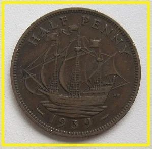 Лот: 14796270. Фото: 1. Великобритания 1/2 пенни 1939... Великобритания и острова