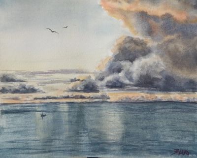 Лот: 17915917. Фото: 1. Картина акварелью. Закат на море... Картины, рисунки