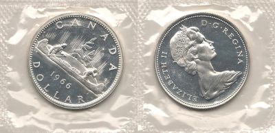 Лот: 6952657. Фото: 1. доллар 1966 г. Серебро UNC Канада. Америка