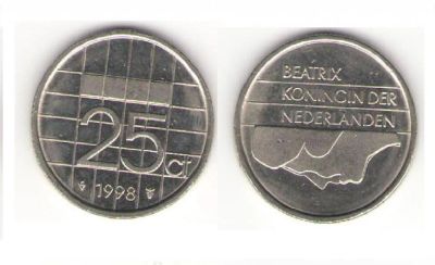 Лот: 3492258. Фото: 1. Нидерланды 25 центов 1998 года. Европа