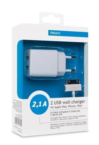 Лот: 3413344. Фото: 1. СЗУ на 2 USB Deppa 2,1А + кабель... Зарядные устройства, блоки питания, адаптеры сетевые для смартфонов