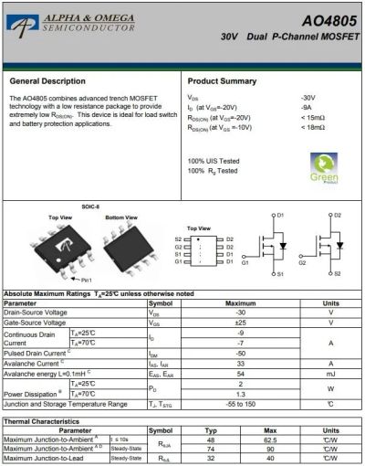 Лот: 18003748. Фото: 1. транзистор FET AO4805, 30V, 9A... Транзисторы