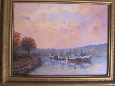 Лот: 10626198. Фото: 1. картина Корабли на реке, холст... Картины, гравюры