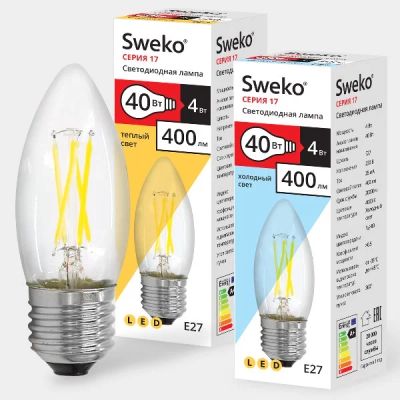 Лот: 14566413. Фото: 1. Лампа светодиодная Sweko 17LED-C35-4W-230-3000K-Е27-CL. Лампочки