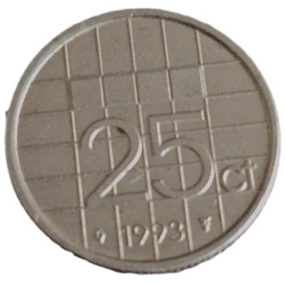 Лот: 24669443. Фото: 1. Монета 25 цент Нидерланды 1993... Европа