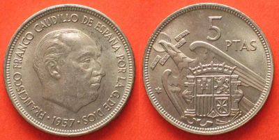 Лот: 18884125. Фото: 1. Испания 5 песет 1970 старт с Рубля. Европа