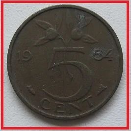 Лот: 13990355. Фото: 1. Нидерланды 5 центов 1954 (№). Европа