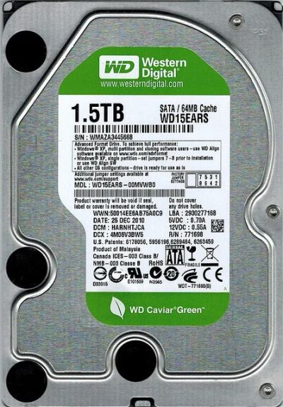 Лот: 3118666. Фото: 1. WD 1,5Tb SATA 3Gb/s WD15EARS-00MVWB0... Жёсткие диски (HDD)