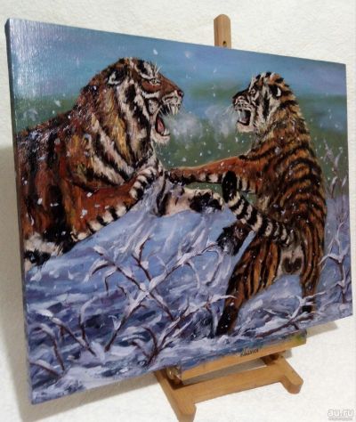 Лот: 17127821. Фото: 1. Картина маслом " Бой тигров ". Картины, гравюры