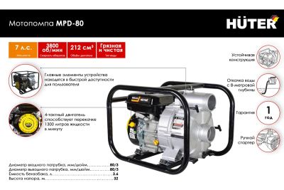 Лот: 25379794. Фото: 1. Мотопомпа Huter MPD-80 для чистой... Насосы садовые, мотопомпы