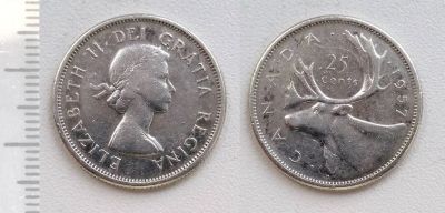 Лот: 7456816. Фото: 1. Канада. 25 центов 1957 (серебро... Америка