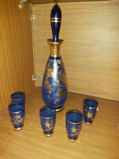 Лот: 18343048. Фото: 1. Богемия Графин и 5 стаканов синее... Кувшины, графины