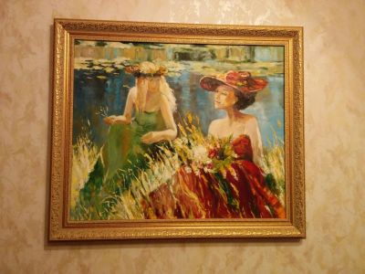 Лот: 4987531. Фото: 1. Картина "Беседа" х.м. 50*60. Картины, гравюры