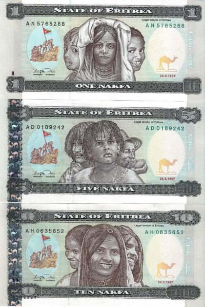 Лот: 18667062. Фото: 1. 1 , 5 и 10 накфа 1997 год. Эритрея... Африка