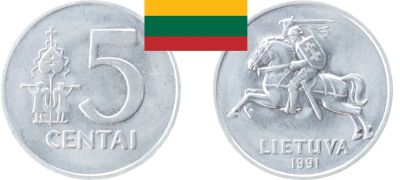 Лот: 19234441. Фото: 1. Литва 5 центов 1991. Страны СНГ и Балтии
