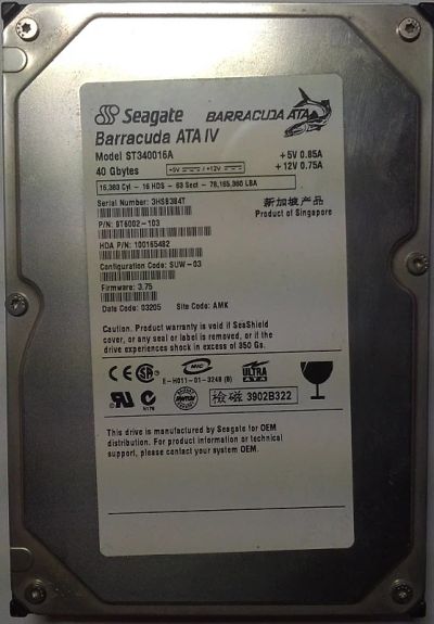 Лот: 3701697. Фото: 1. HDD / Seagate / Model: ST340016A... Жёсткие диски (HDD)