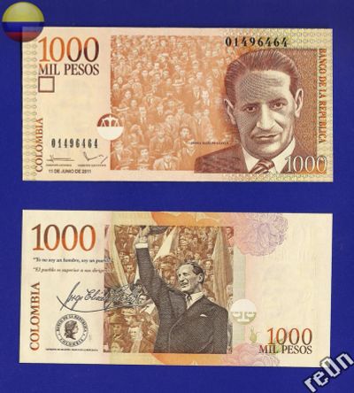 Лот: 4271151. Фото: 1. Колумбия 1000 песо 2011 г. (не... Америка