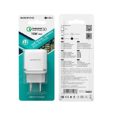 Лот: 22150652. Фото: 1. СЗУ BOROFONE BA-36AQC3.0 18W White. Зарядные устройства, блоки питания, адаптеры сетевые для смартфонов