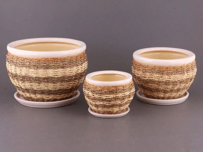 Лот: 5593177. Фото: 1. кашпо керамическое с ротангом... Кашпо, горшки, вазоны для цветов