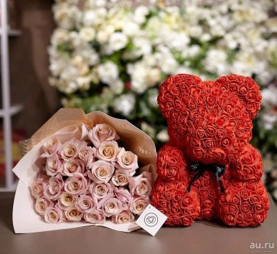 Лот: 13009536. Фото: 1. Мишка из 3D роз - 25 см, новый. Авторские куклы, игрушки, поделки