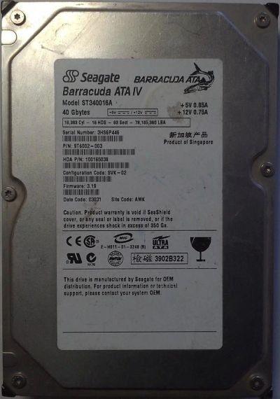 Лот: 3685187. Фото: 1. HDD / Seagate / Model: ST340016A... Жёсткие диски (HDD)