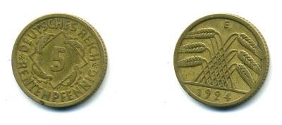 Лот: 3683866. Фото: 1. Германия 5 рентенпфеннигов 1924... Германия и Австрия