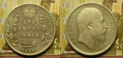 Лот: 18796544. Фото: 1. Британская Индия 1 рупия 1909... Азия