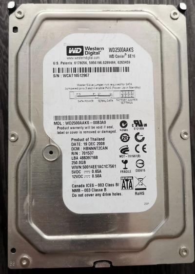 Лот: 20174623. Фото: 1. Hdd wd 250GB 7200rpm. Жёсткие диски (HDD)