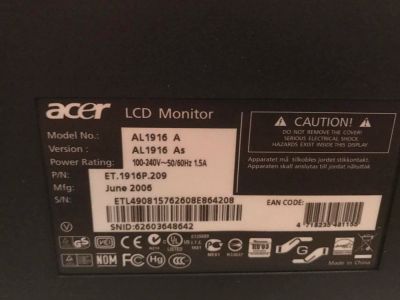 Лот: 9636479. Фото: 1. Продам монитор Acer 1916 As. ЖК-мониторы