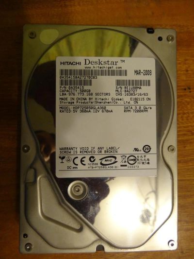 Лот: 3694185. Фото: 1. HDD SATA2 Hitachi 3.5" 500Gb. Жёсткие диски (HDD)