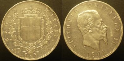 Лот: 16921340. Фото: 1. 5 лир 1874 г Италия. Европа