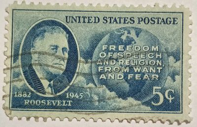Лот: 25784250. Фото: 1. Марки_США, 5 центов 1946 г., Рузвельт... Марки