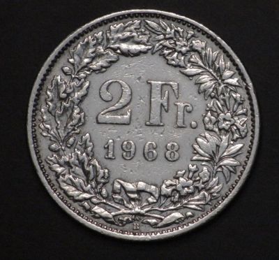Лот: 3954020. Фото: 1. 2 франка. Швейцария. 1968 г. Состояние... Европа