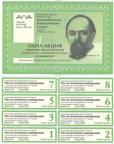 Лот: 18809673. Фото: 1. Акция AVVA (Автомобильный всероссийский... Документы, ценные бумаги, письма