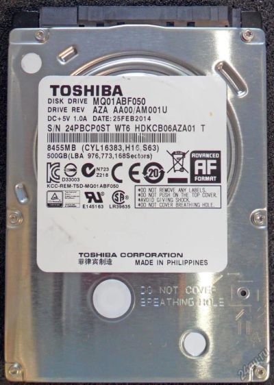 Лот: 5824996. Фото: 1. Toshiba 500Gb- made in Philippines... Жёсткие диски (HDD)