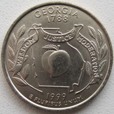 Лот: 6729636. Фото: 1. США 25 центов 1999. Джорджия... Америка