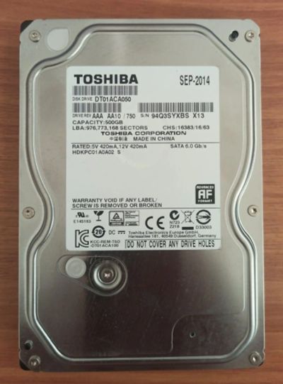 Лот: 19088597. Фото: 1. Жесткий диск 500GB Toshiba DT01AC050. Жёсткие диски (HDD)