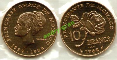 Лот: 6005711. Фото: 1. 0193 Монако 10 франков 1982 Грейс... Европа