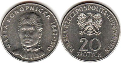 Лот: 4895473. Фото: 1. Польша 20 злотых 1978 Мария Конопницка. Европа
