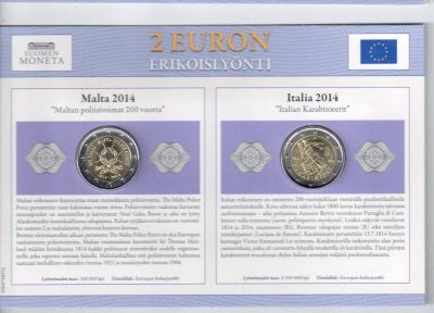Лот: 10718104. Фото: 1. 2 монеты по 2 евро 2014 Мальта... Европа