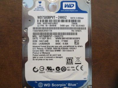 Лот: 5084850. Фото: 1. HDD Western digital wd7500bpvt... Жёсткие диски (HDD)