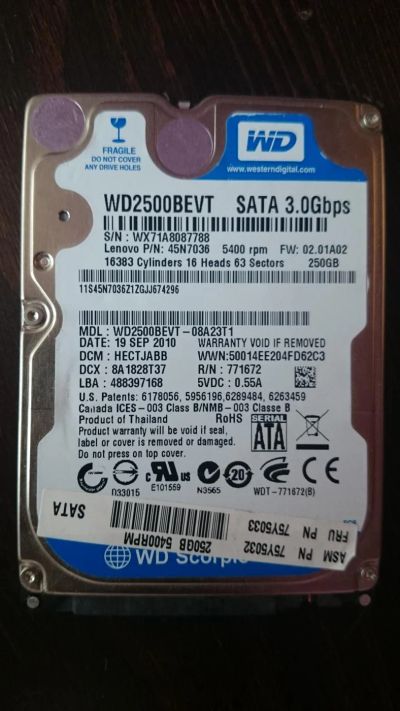 Лот: 7699152. Фото: 1. Жесткий диск WD2500BEVT для нуотбука... Жёсткие диски (HDD)