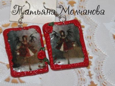 Лот: 1665502. Фото: 1. Серьги "Готическая фея с алыми... Лепка из полимерной глины