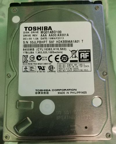 Лот: 18768300. Фото: 1. Жёсткий диск Toshiba 1Tb 2,5". Жёсткие диски (HDD)